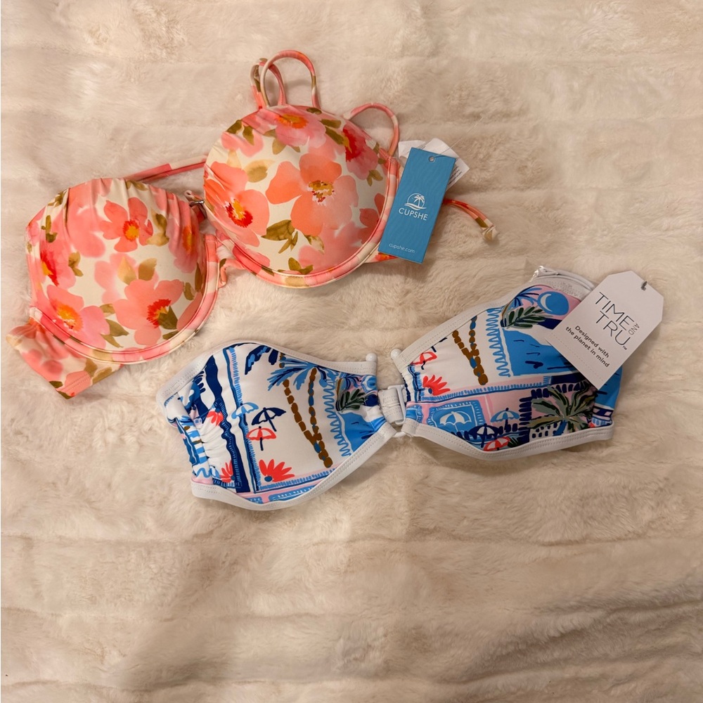 Floral Pink Molded Bikini Top & Blue Patterned Bandeau Set